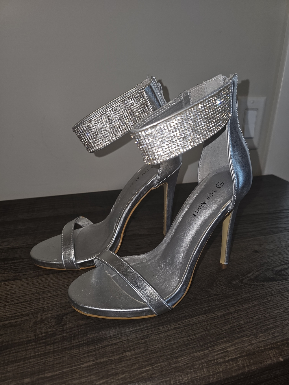 Worn Once - Like New - TOP Moda Silver Crystal Ankle-Strap Stiletto Sandals